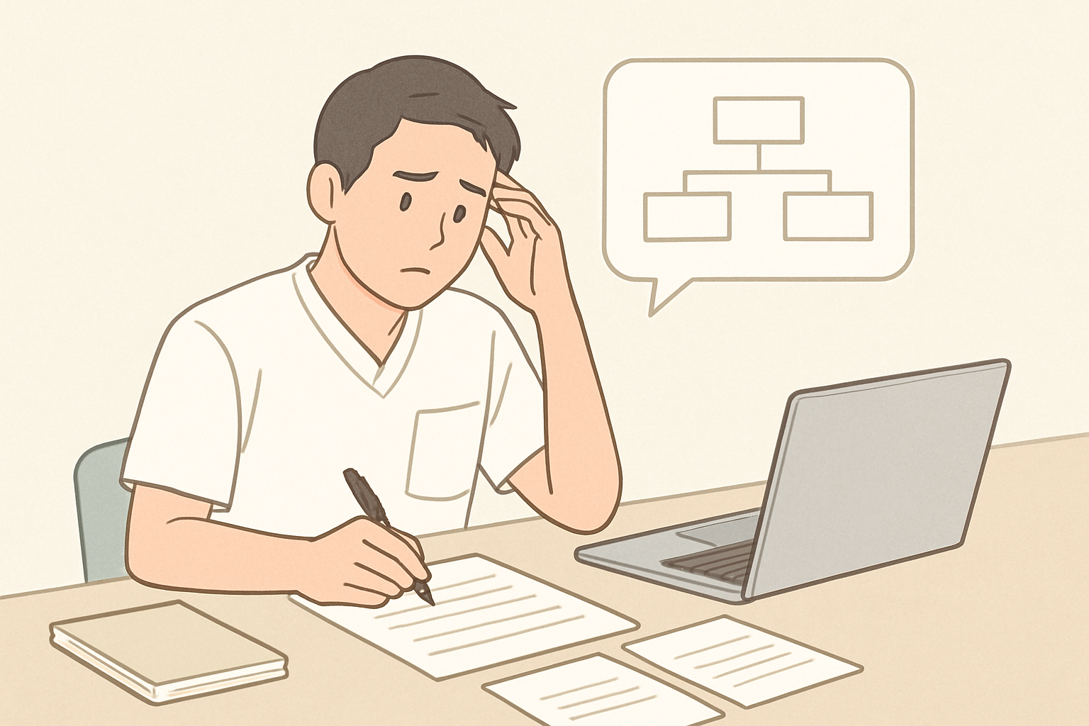 メインキーワードの悩みを持つ理学療法士・作業療法士が情報整理をしている様子