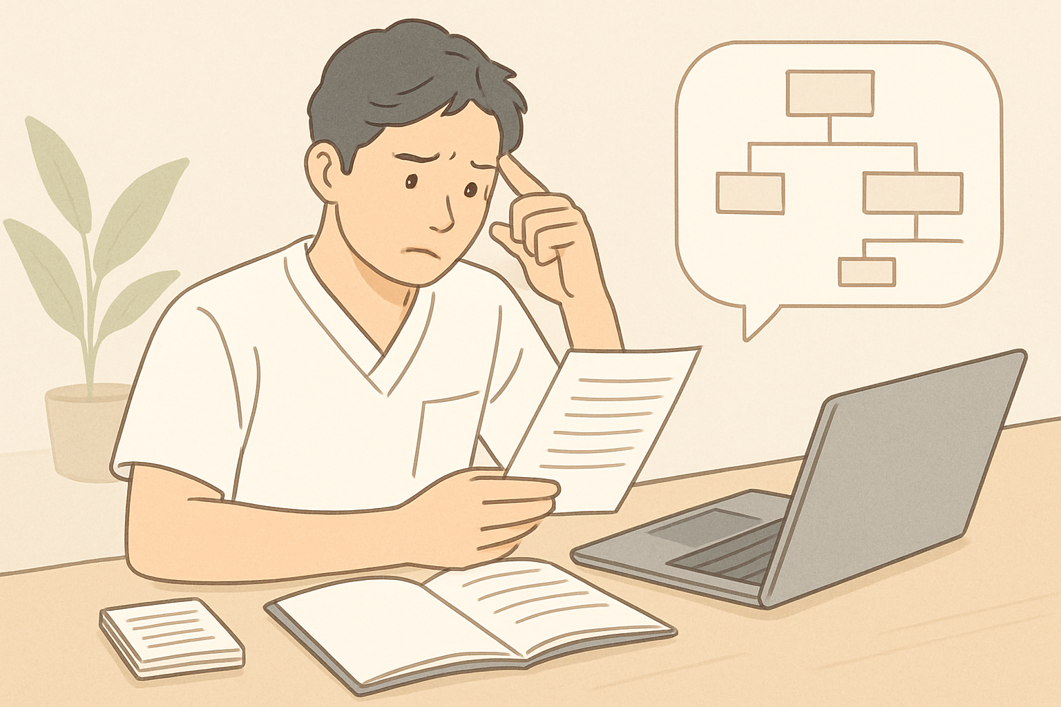 メインキーワードの悩みを持つ理学療法士・作業療法士が情報整理をしている様子
