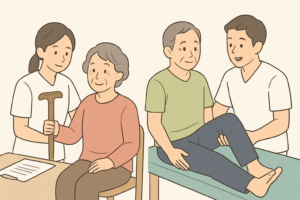作業療法士と理学療法士がそれぞれ患者をサポートしている対比の様子