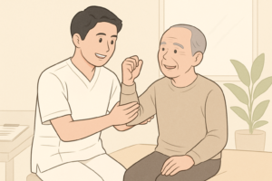 作業療法士が対象者のリハビリを笑顔でサポートしている様子