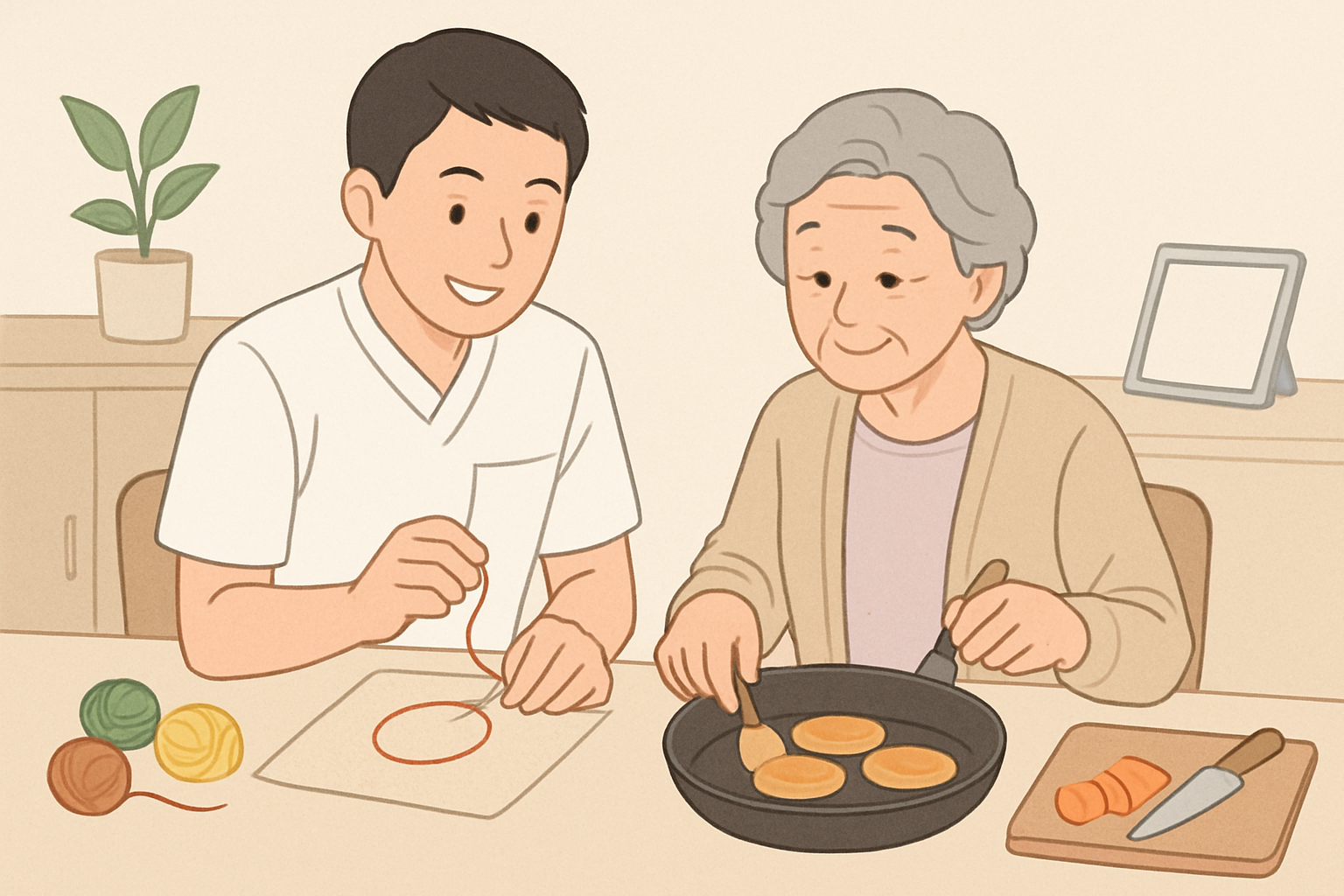 作業療法士が患者と手芸や調理などの作業を通じてリハビリテーションを行っている様子
