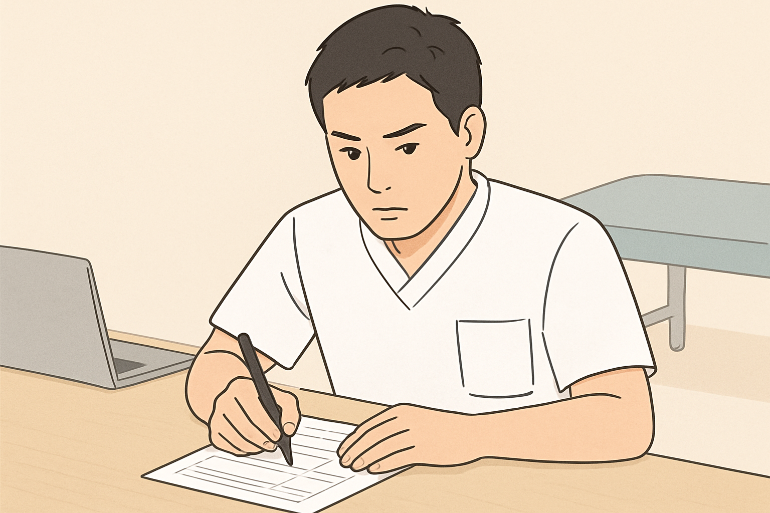 真剣な表情で履歴書を書いている理学療法士
