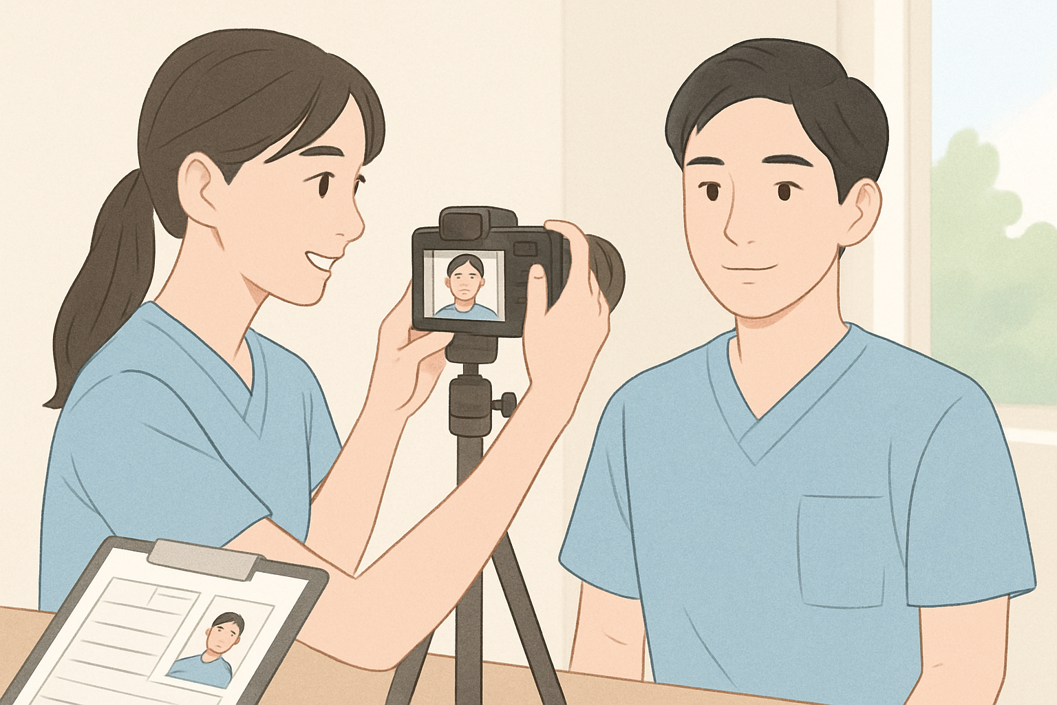 履歴書の証明写真を撮影する男女の爽やかな姿
