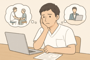 転職活動に不安を抱きながら、次のキャリアの選択肢について考えるリハビリ職のイメージ