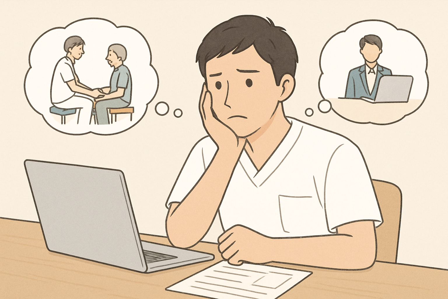 転職活動に不安を抱きながら、次のキャリアの選択肢について考えるリハビリ職のイメージ