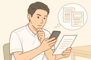 転職口コミサイトをスマートフォンで確認しながら、理学療法士が職場の評判を慎重に比較・分析しているイメージ