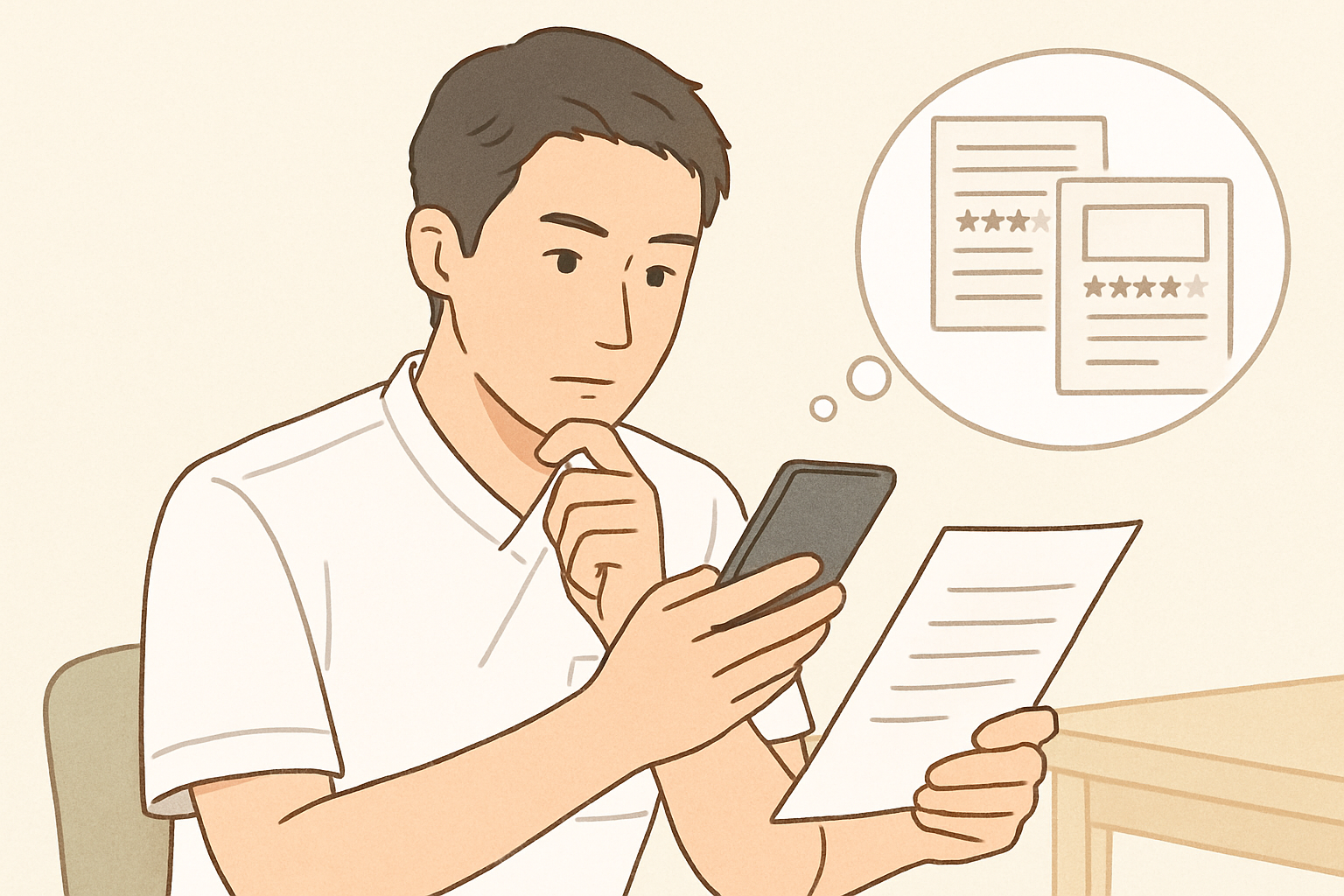 転職口コミサイトをスマートフォンで確認しながら、理学療法士が職場の評判を慎重に比較・分析しているイメージ