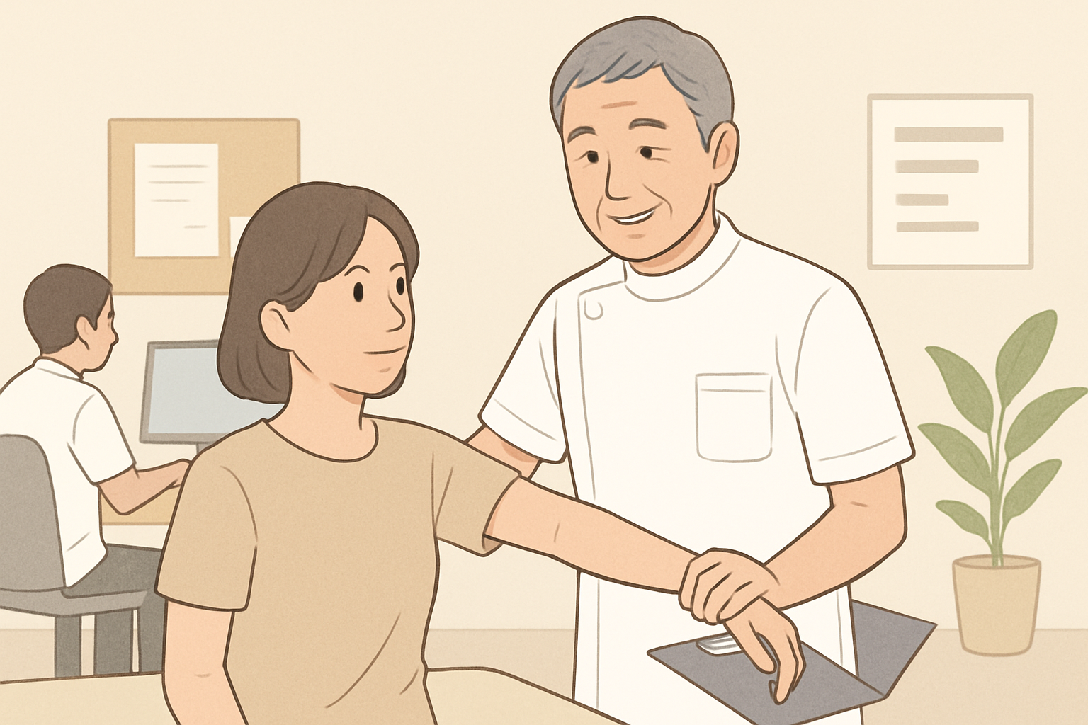 年齢を重ねたセラピストがこれまでの経験を活かして新しい職場で活躍するイメージ