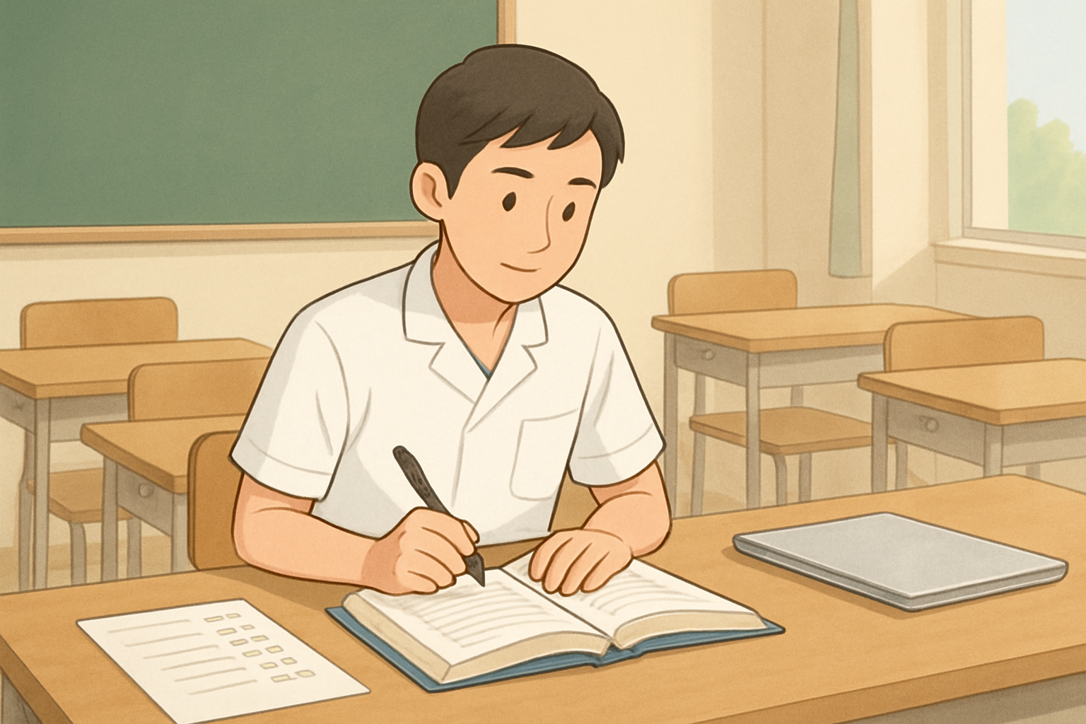 学校の教室や教科書、国家試験に向けた勉強をイメージする風景