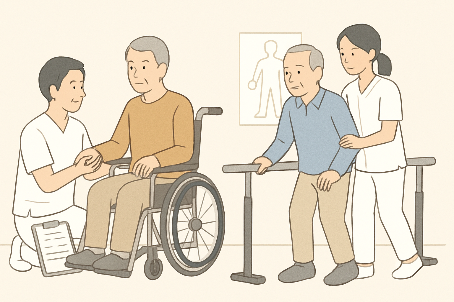 作業療法士と理学療法士がそれぞれ異なるアプローチで患者のリハビリを支援している対比の図解