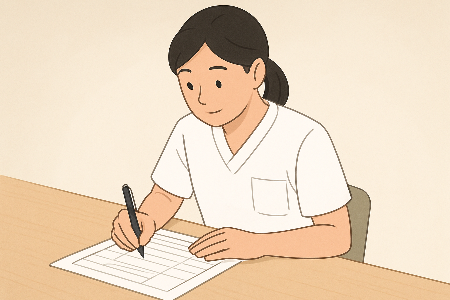 履歴書の学歴・職歴欄にペンで記入している様子