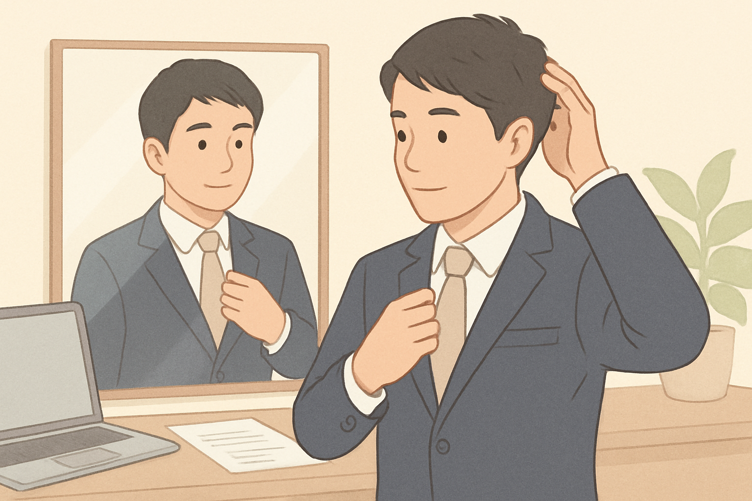鏡の前でスーツの襟元や髪型を整える転職活動中のセラピスト