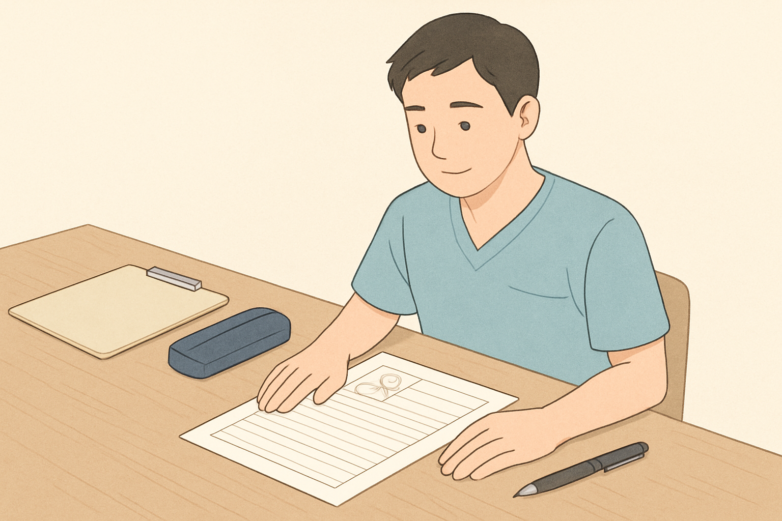 履歴書のフォーマットと筆記用具を整えて準備する様子
