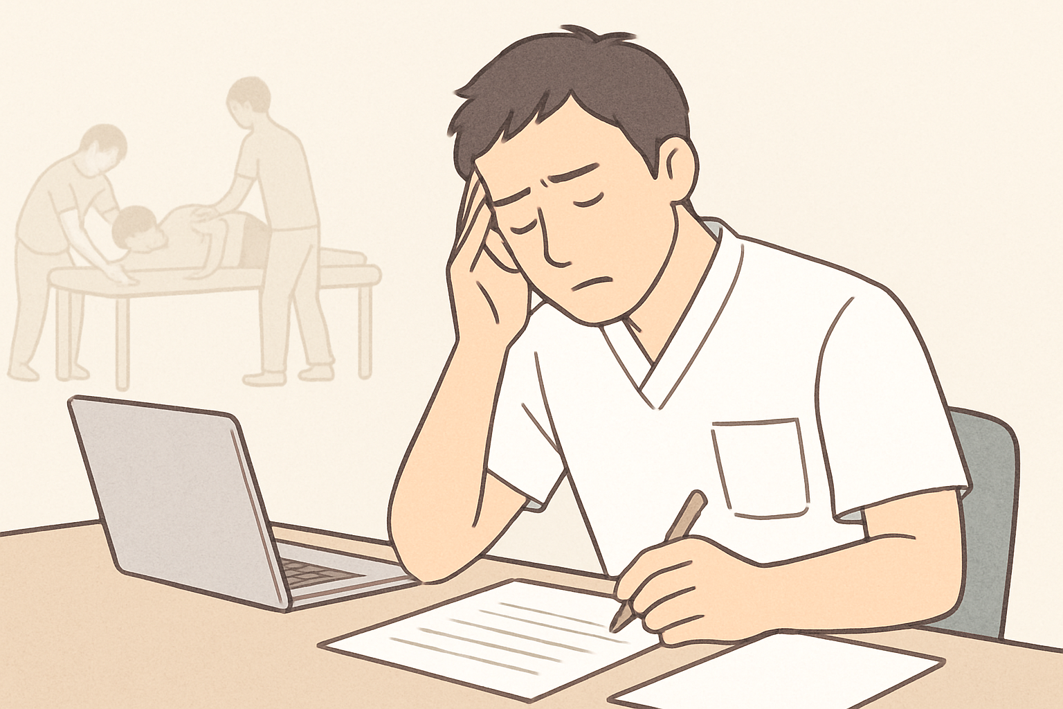 職場の人間関係や業務内容のギャップに悩み、今後のキャリアについて冷静に整理しようとするセラピスト