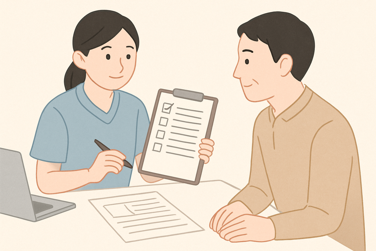 健康診断の項目や必要書類をチェックする様子