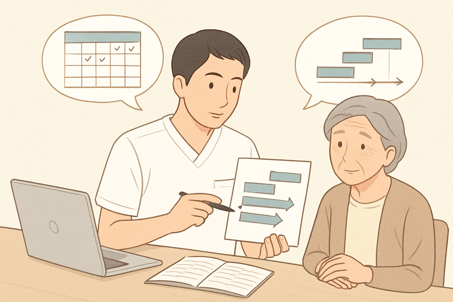 時期や年齢層ごとの転職の判断軸を整理して最適なスケジュールを検討するリハビリ職のイメージ
