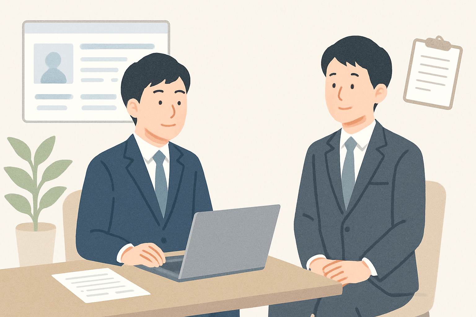 清潔感のあるネイビーやグレーのビジネススーツが並ぶ様子