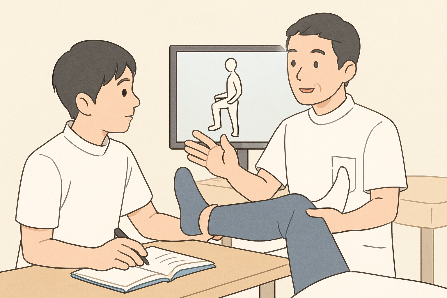若手理学療法士が先輩から指導を受けてリハビリの知識を深めている場面