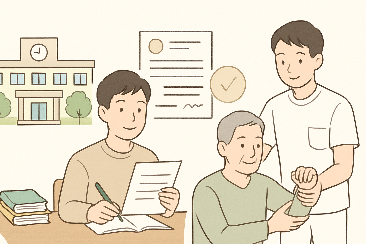 学生が学校で学び、国家試験に合格して作業療法士として働き始めるまでのステップを示した図解