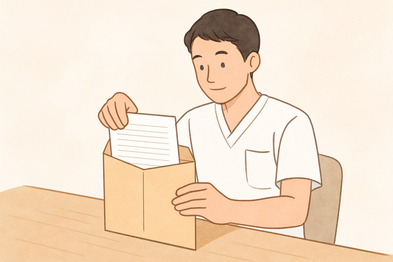 完成した履歴書を丁寧に封筒に入れている様子