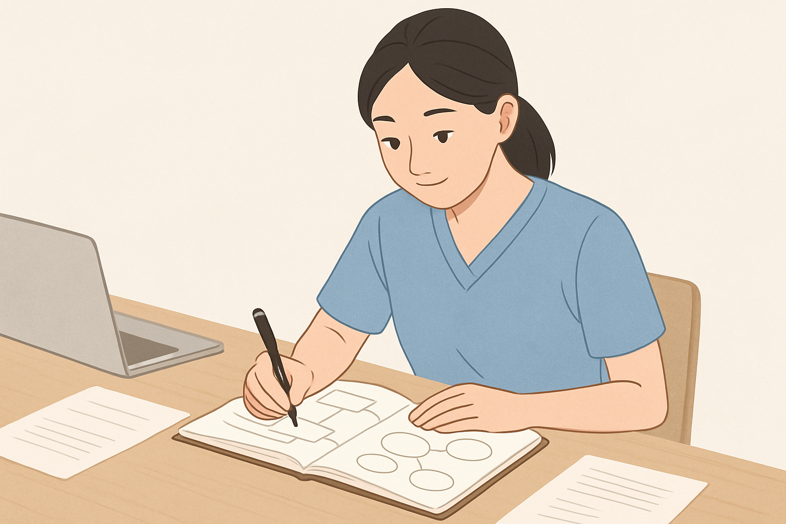 ノートに自分の強みや志望動機の構成を書き出して整理する様子