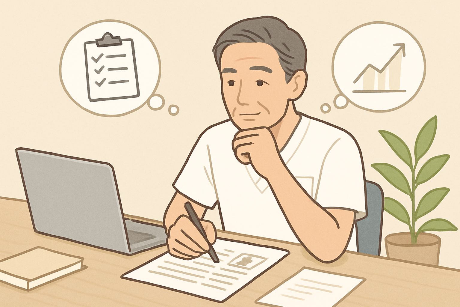 これまでのキャリアを見つめ直し、確実な情報収集をもとに次のステップを計画するベテランセラピスト