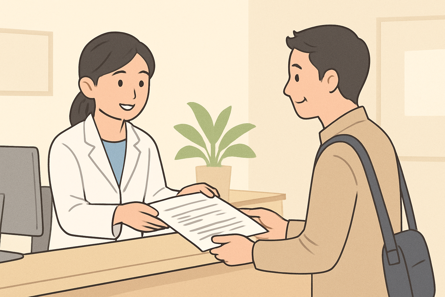 病院の受付で健康診断の書類を受け取る様子