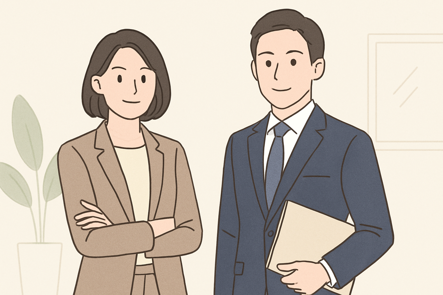 オフィスカジュアルやセットアップスーツをスマートに着こなす男女のイラスト