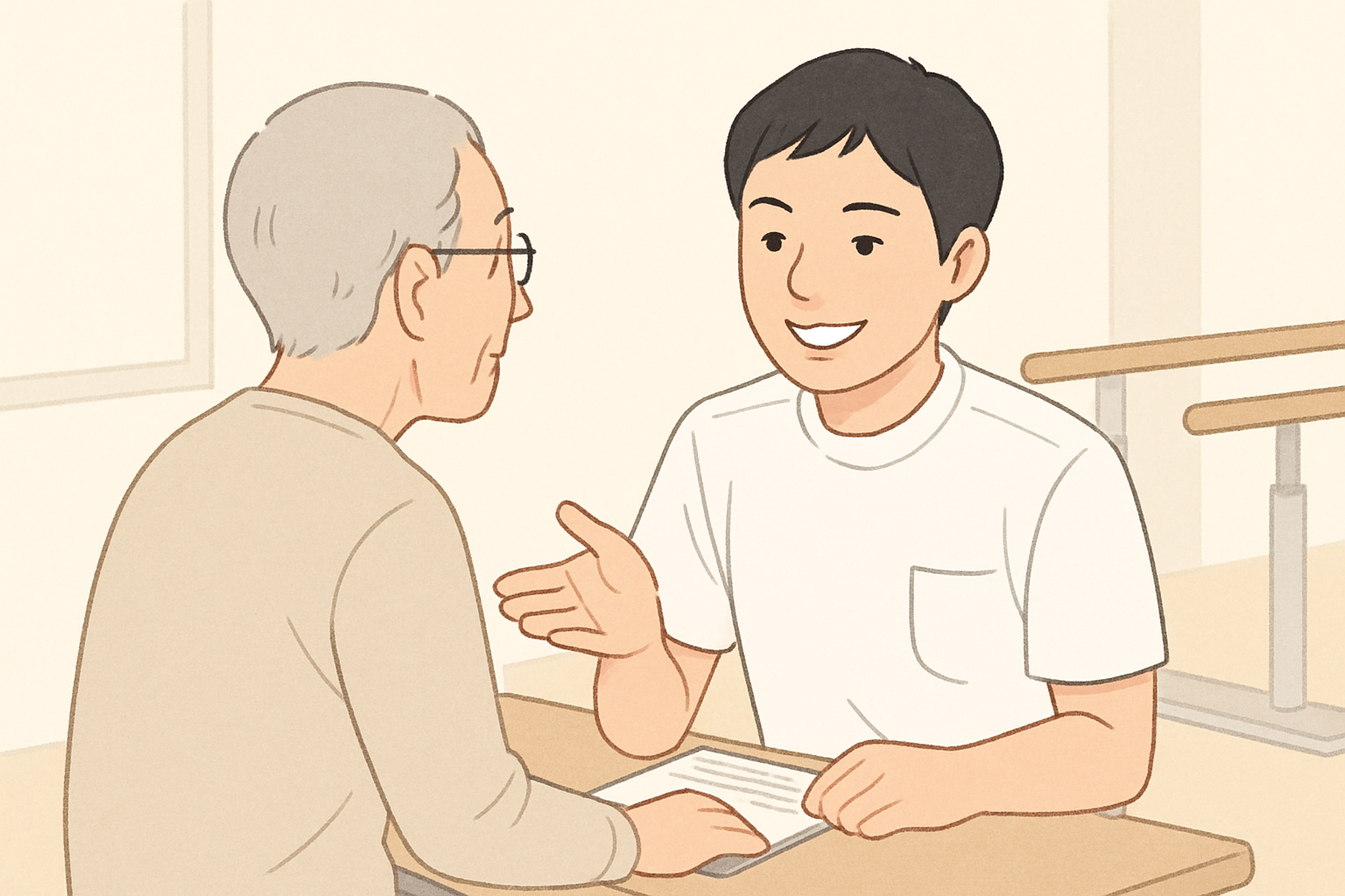 笑顔で患者とコミュニケーションを取るリハビリスタッフの姿