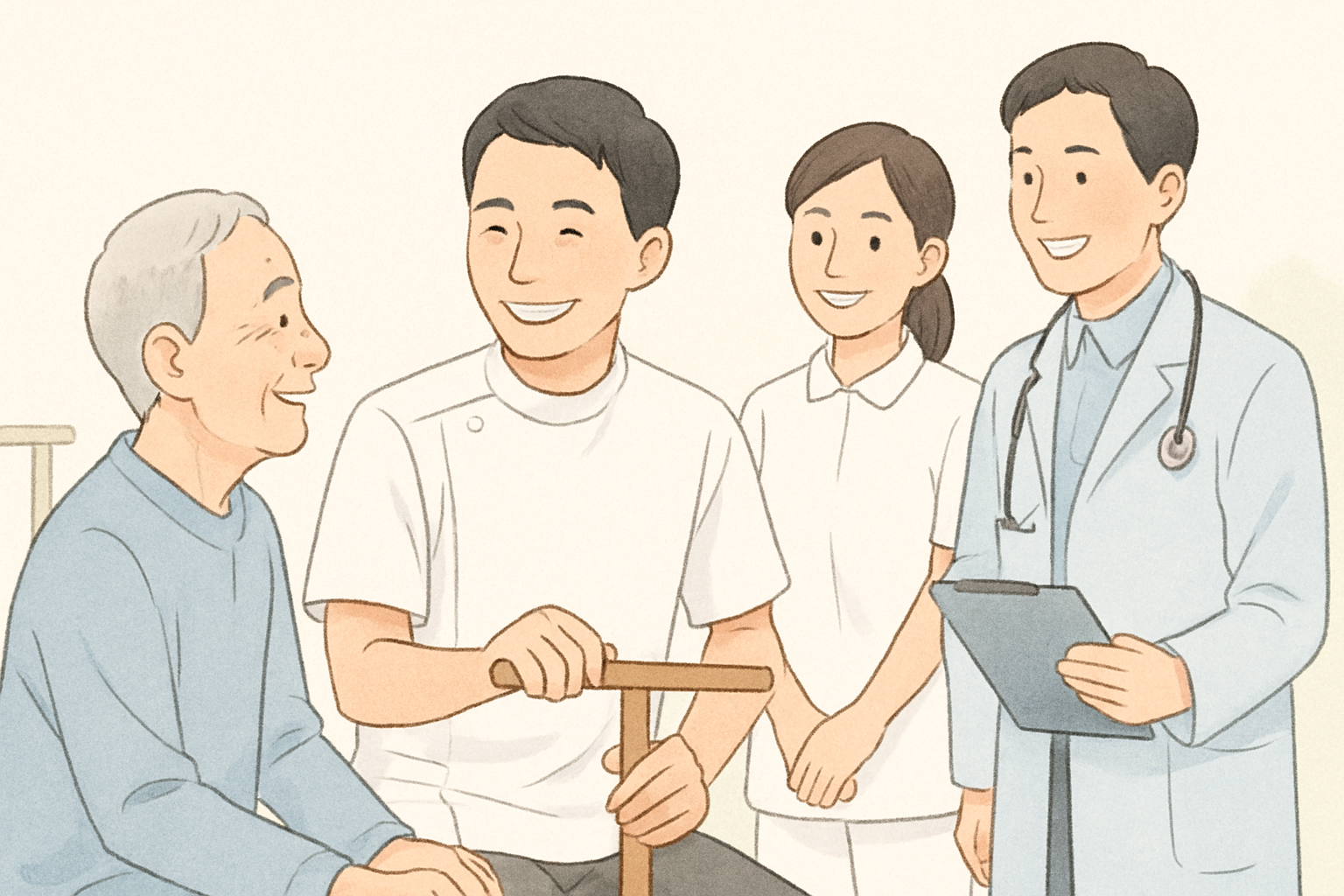 作業療法士が患者や他の医療スタッフとともに笑顔で充実した表情で働いている様子