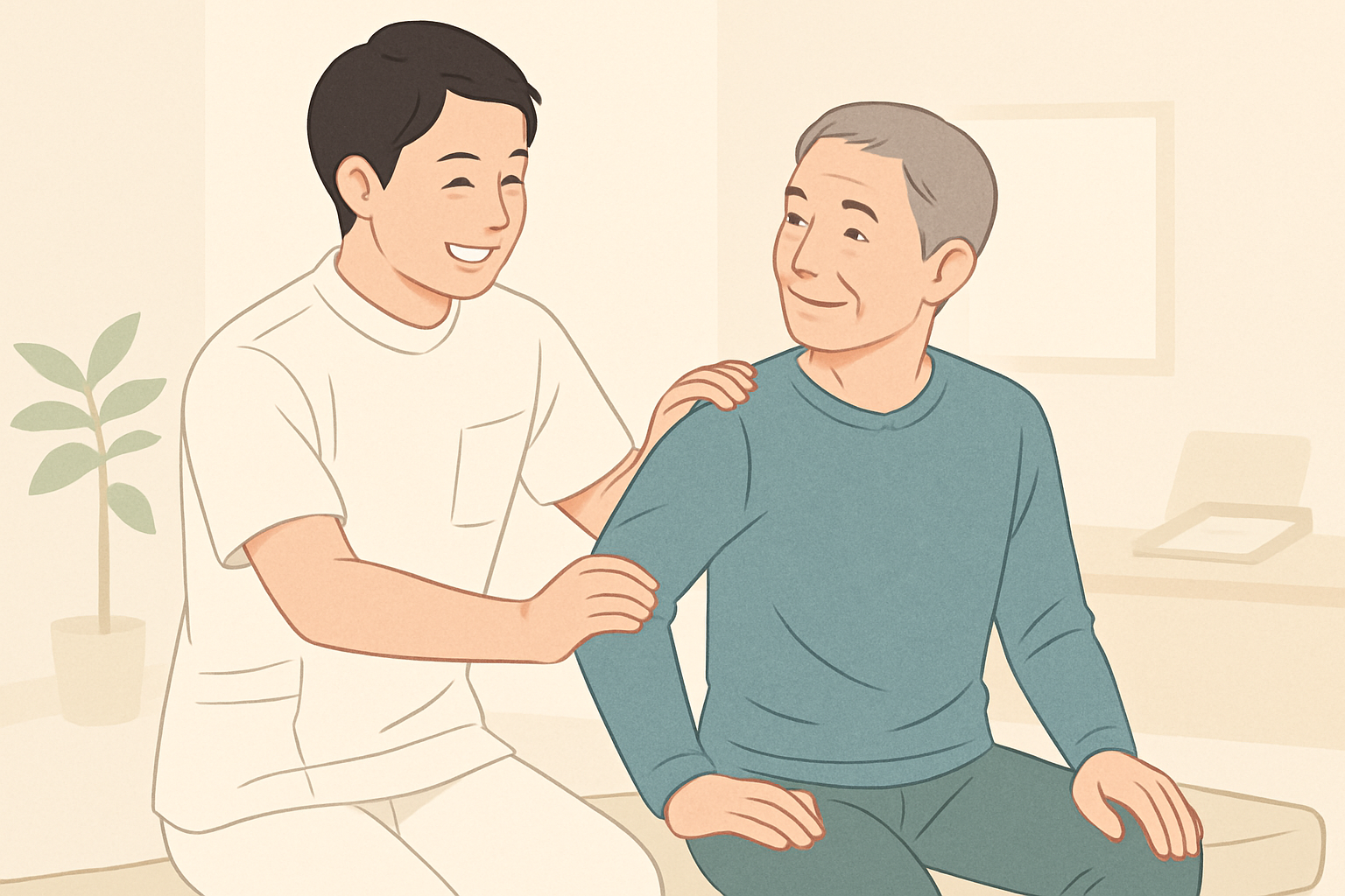 笑顔で働く理学療法士と患者
