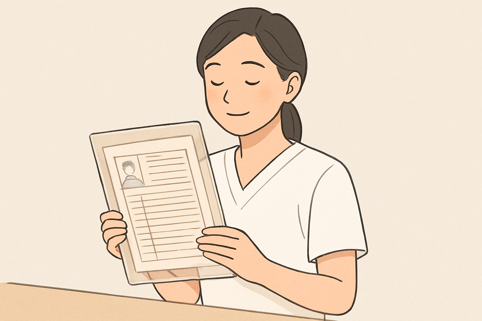 完成した履歴書をクリアファイルに収めて安心している様子