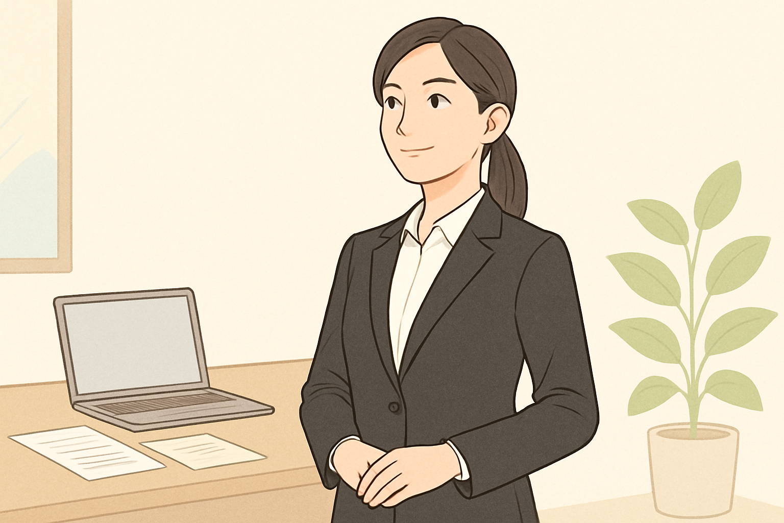 スーツを正しく着用し、自信を持って前を向く女性のイラスト