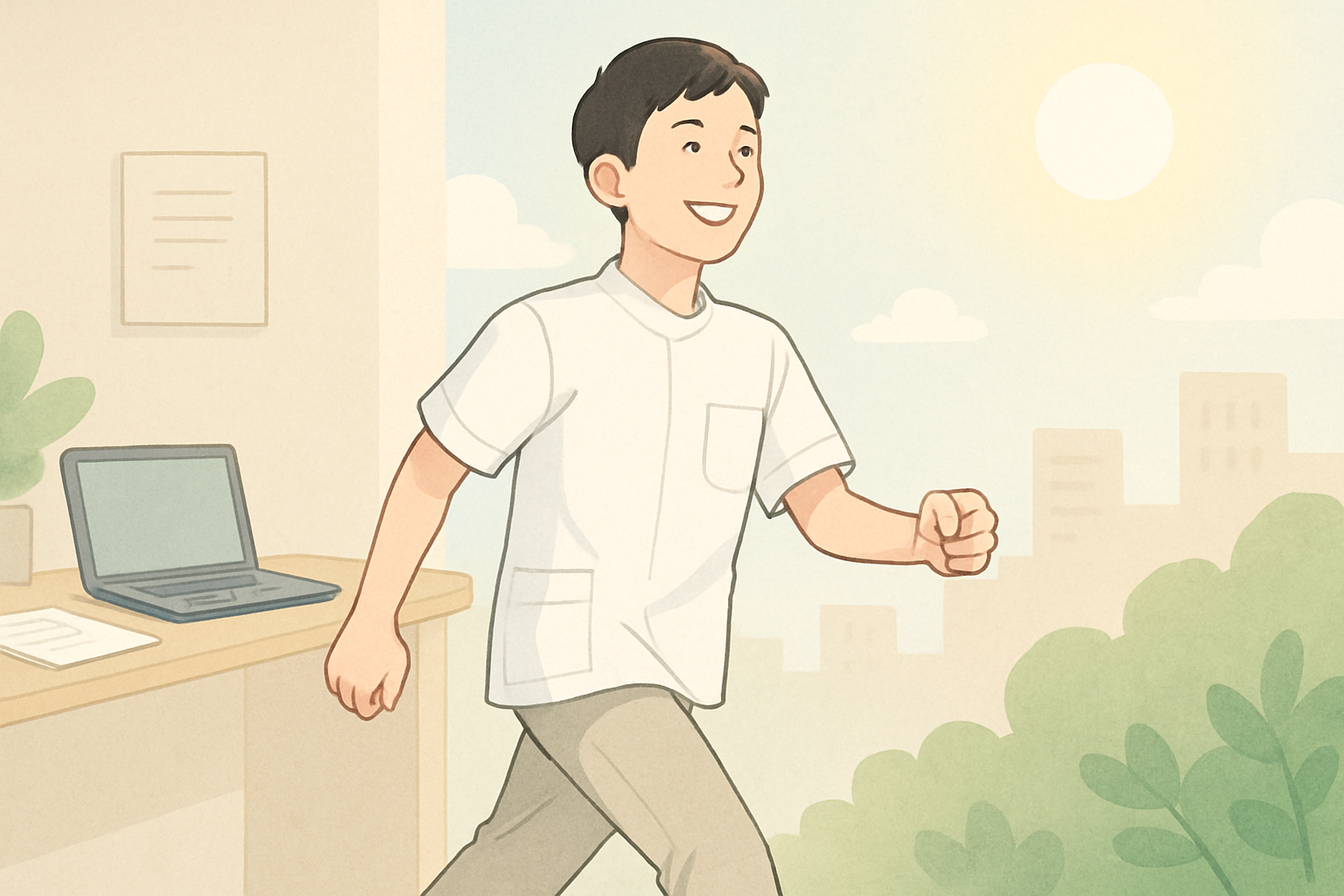 理学療法士が明るい未来に向けて笑顔で一歩を踏み出している様子