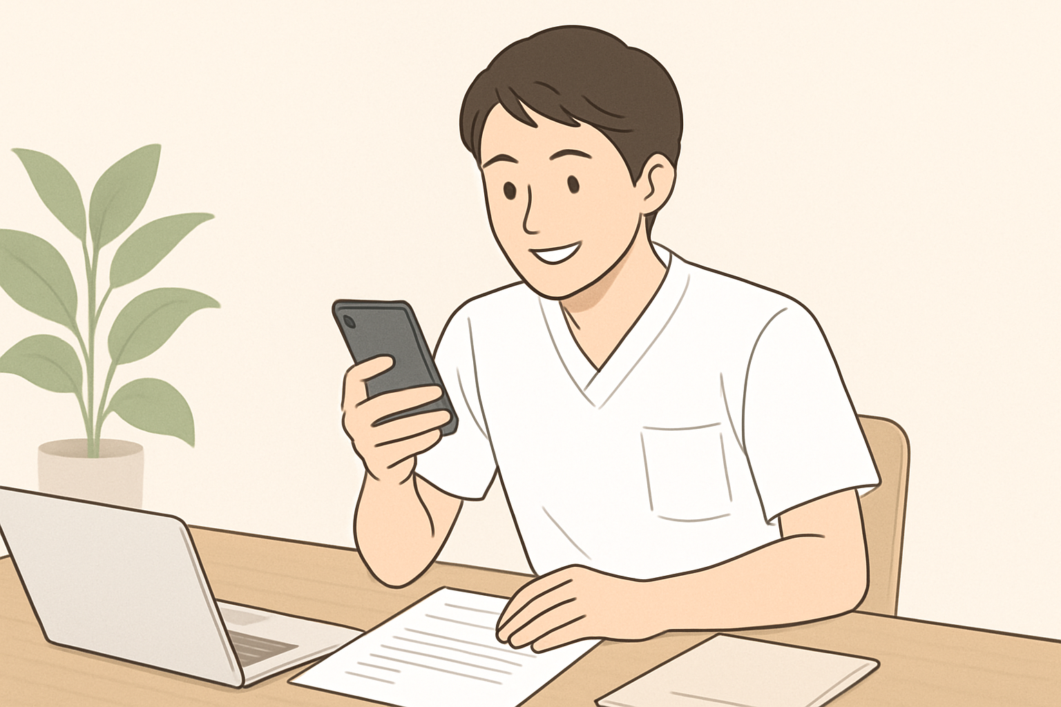 20代の理学・作業療法士が明るい表情でスマートフォンを見ながら転職活動をしている様子