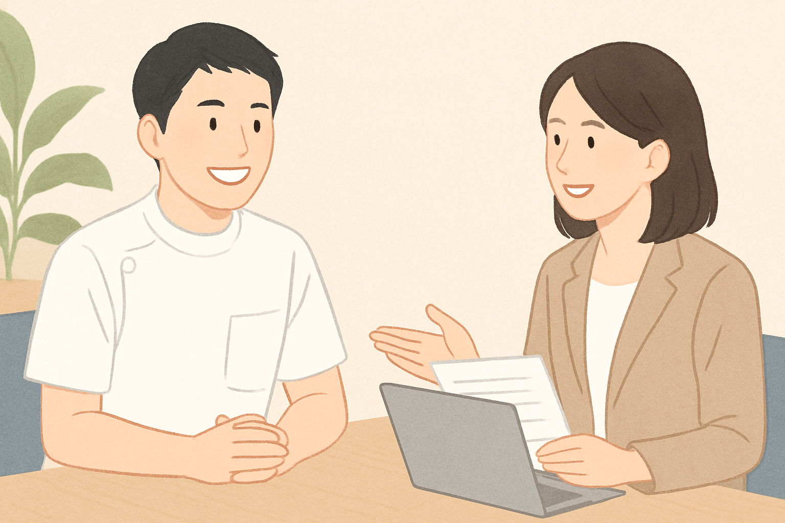 理学療法士が笑顔で転職エージェントと面談している様子