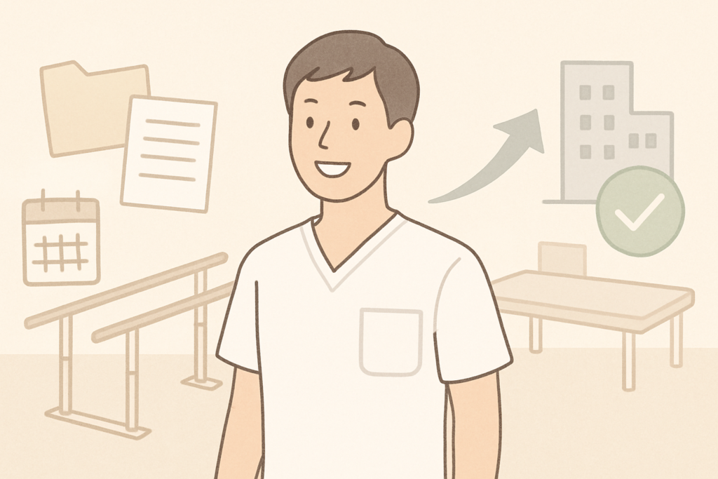 リハビリ室で明るく前向きな表情で働く理学療法士のイメージ