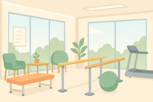デイサービスの明るく開放的なリハビリスペースの風景