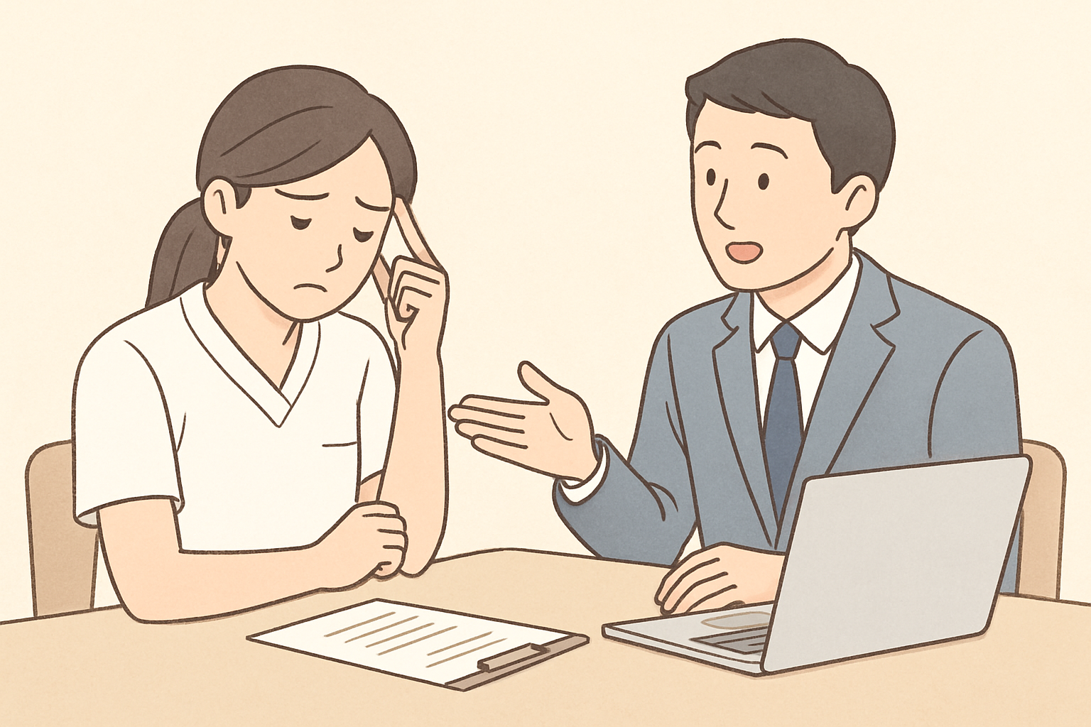 転職エージェントとのやり取りに悩む求職者のイラスト