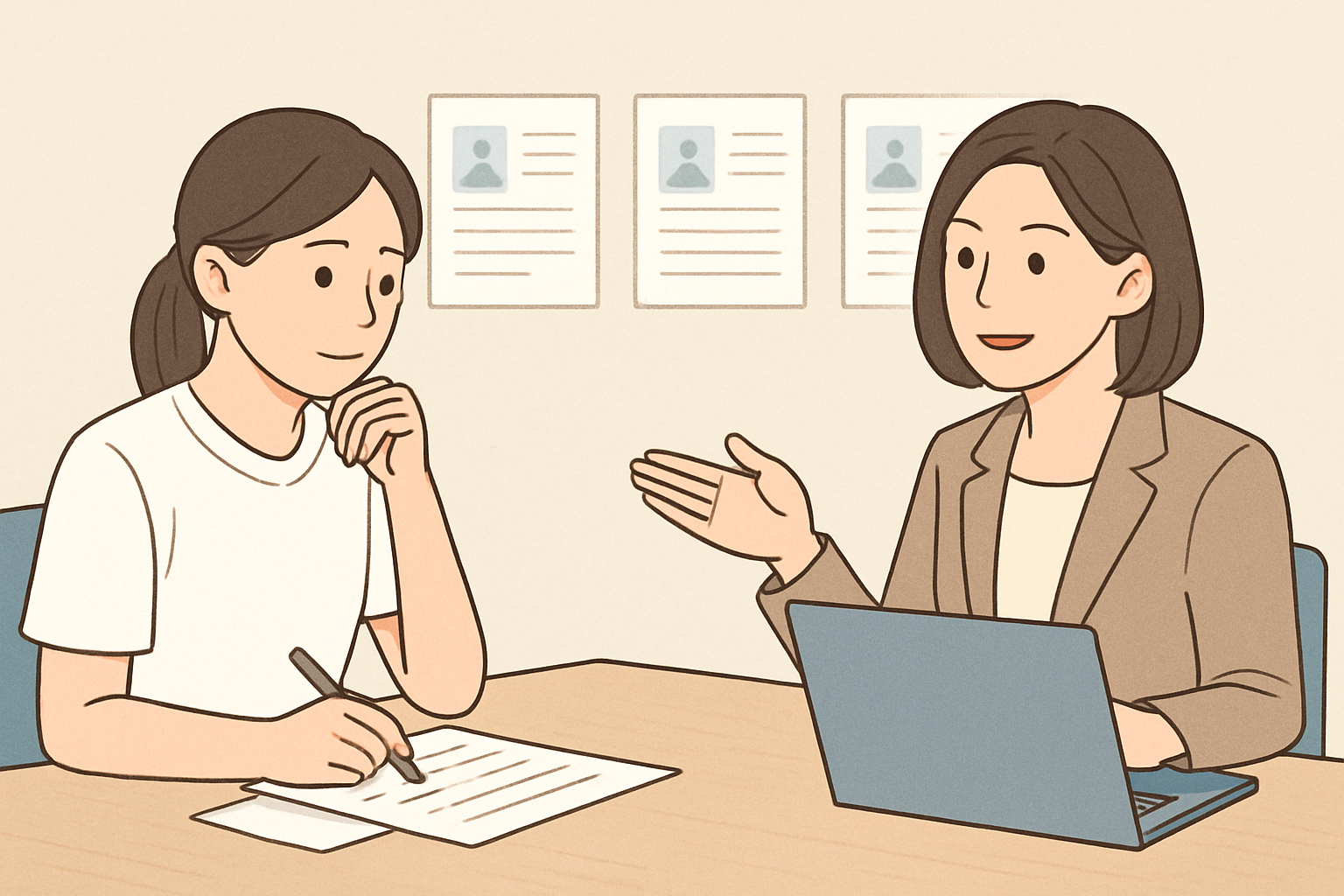 複数の求人情報を前に、プロのキャリアアドバイザーと相談しながら希望条件を整理しているイメージ