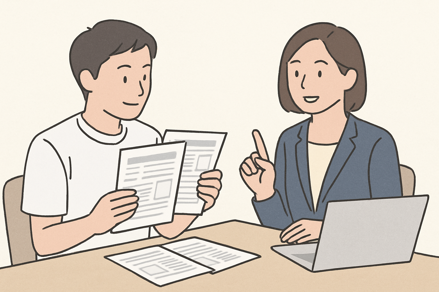 複数の求人票を見比べながら担当者と相談している理学療法士の様子