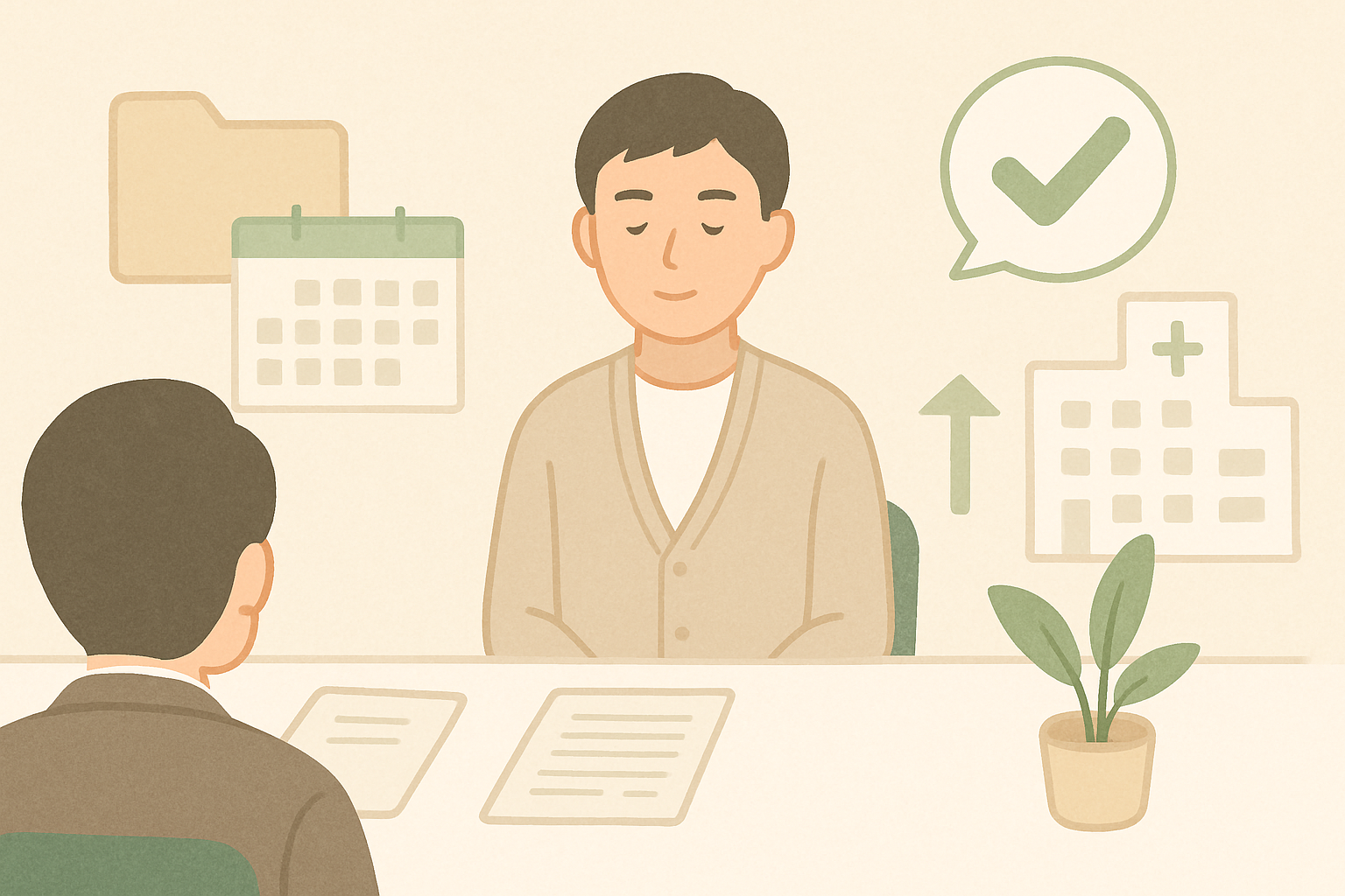 全体の趣旨:面接官の前で落ち着いて話す応募者のイラスト