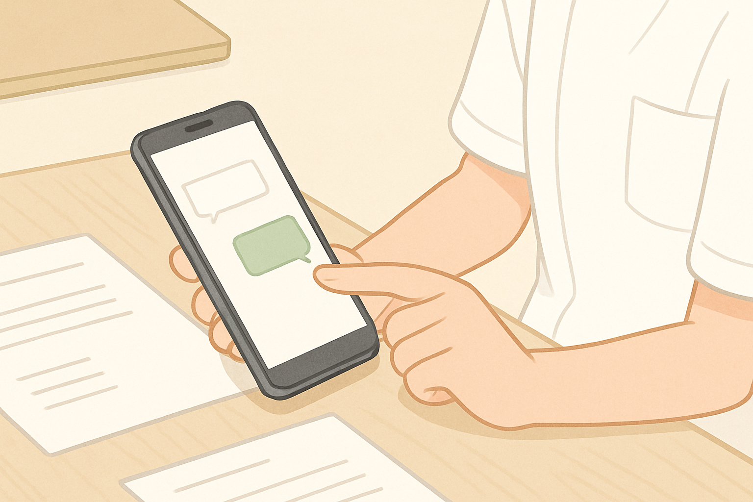 スマートフォンでビジネスメールやLINEを送信する手元のイメージ