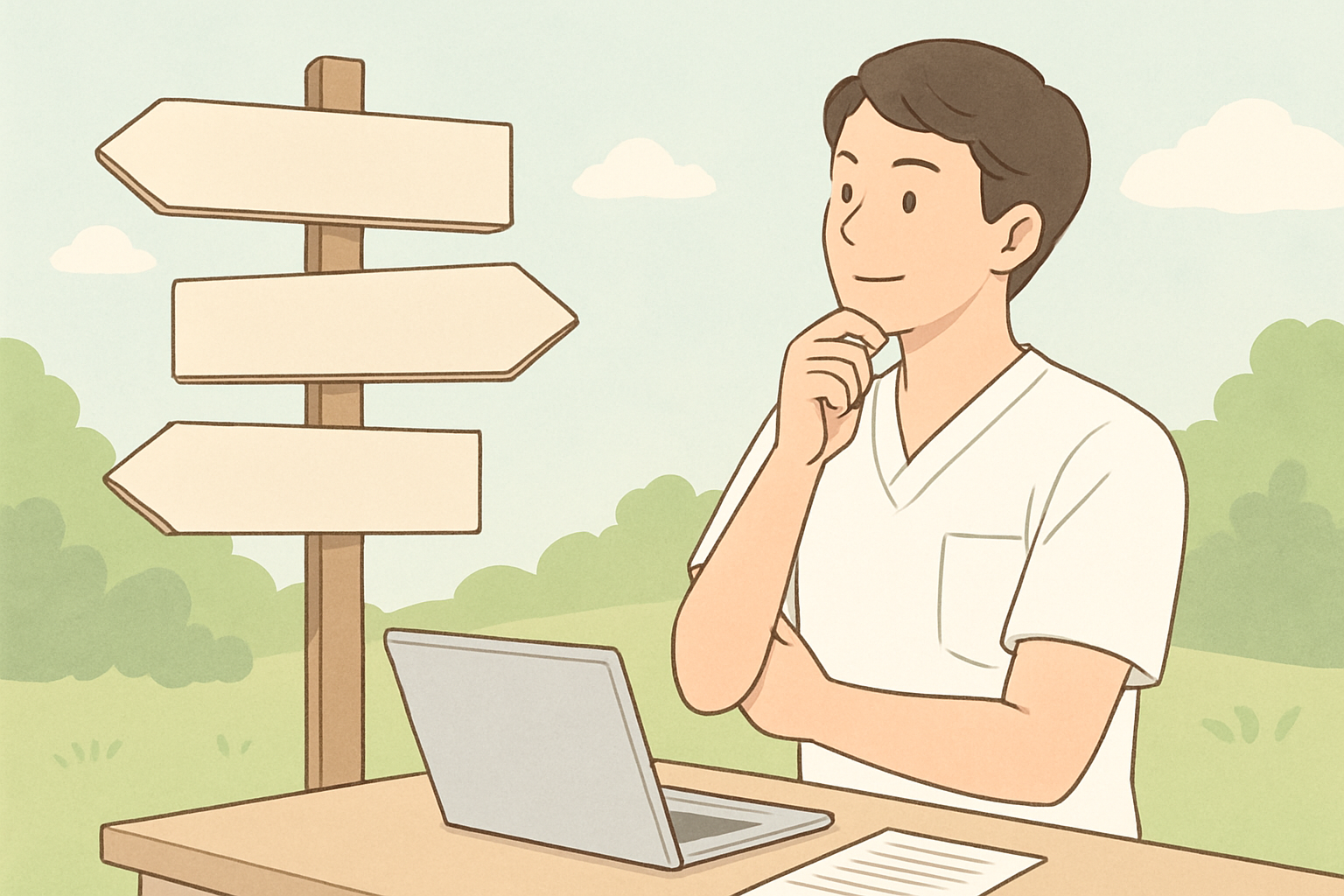 キャリアの選択肢を示す道標を前に、前向きに将来を検討しているリハビリ専門職の姿