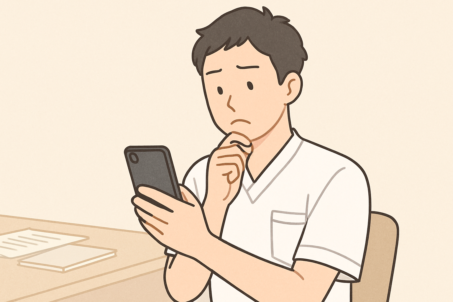 スマートフォンを見ながら少し悩んでいる表情の理学療法士