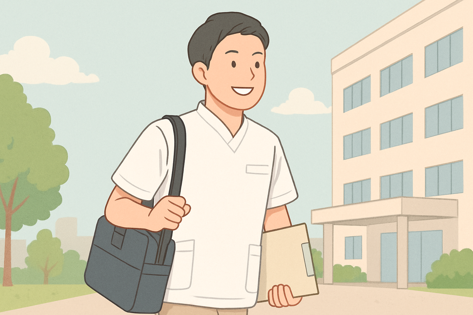 笑顔で新しい職場に向かう理学療法士:~~
