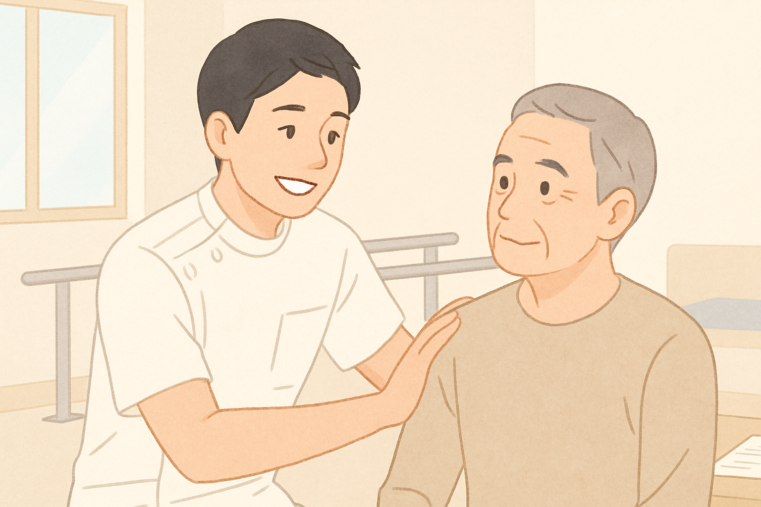 新しい職場で笑顔で患者に対応している理学療法士