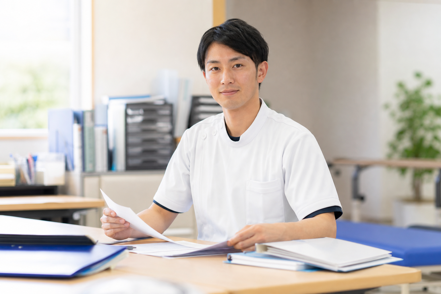 オフィスのデスクで書類を整理しながら、落ち着いた表情で前を向いている医療従事者の姿