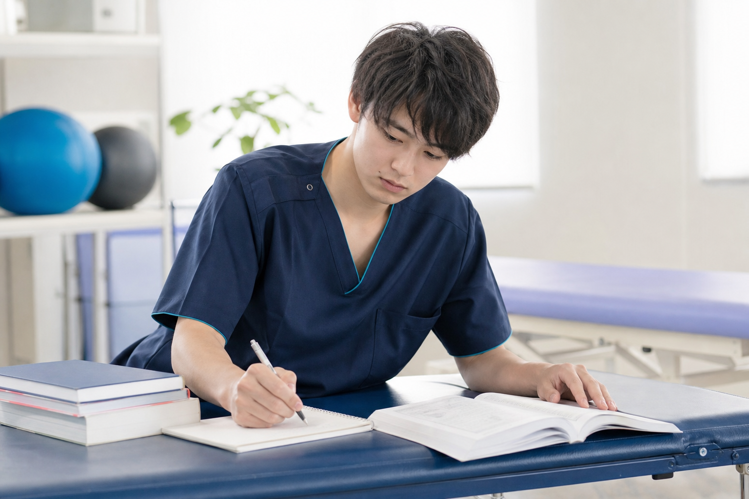 リハビリテーション室のベッドの横で、参考書を広げながら真剣な表情でメモを取る若い男性