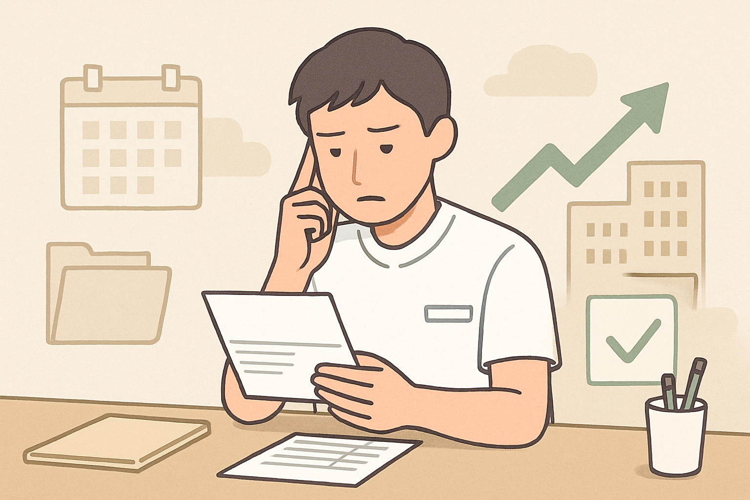 給与明細を見ながら考え込んでいる理学療法士